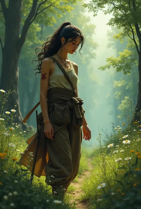 a woman exploring nature with marks of war 