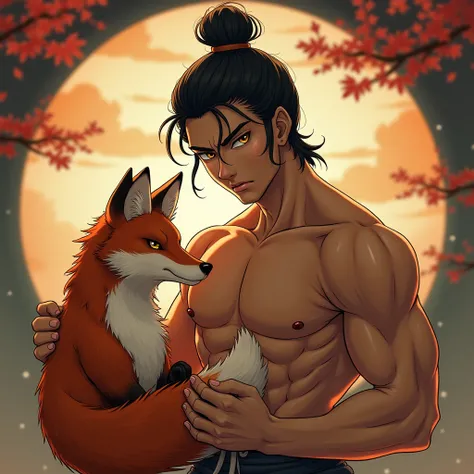 Hyper realistic image of a young japanese male. Hair bun. Shirtless. Muscular. He has nine tailed fox as his pet. Oriental background. Fierce face. Tanned skin. High Resolution, Looking at viewer, Anatomically Correct, Accurate, Super Detailed, HD, 