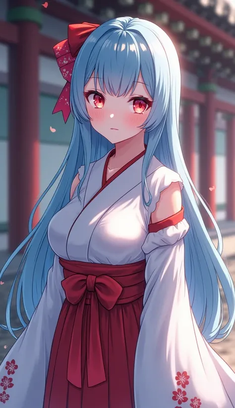 Anime, Long hair,  light blue hair , Hime cut,Wearing a miko costume, Medium Breasts,Red eyes, Redhead,Red Hair Ribbon,In the shrine