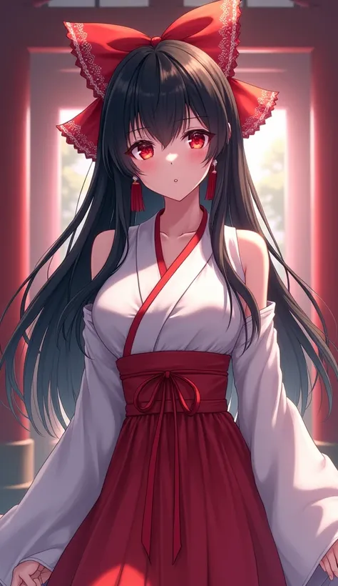 Anime, Long hair, Black hair, Hime cut,Wearing a miko costume, Medium Breasts,Red eyes, Redhead,Red Hair Ribbon,In the shrine