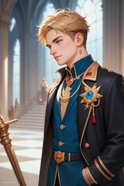 The young guy is a blond man with blue eyes in a black coat with gold jewelry, exorcist, 21st century,  elegantly dressed 