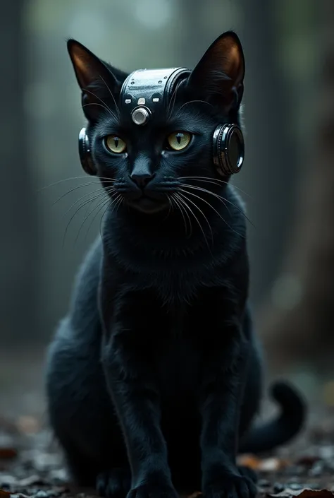 A cat with blek hair with a headset 