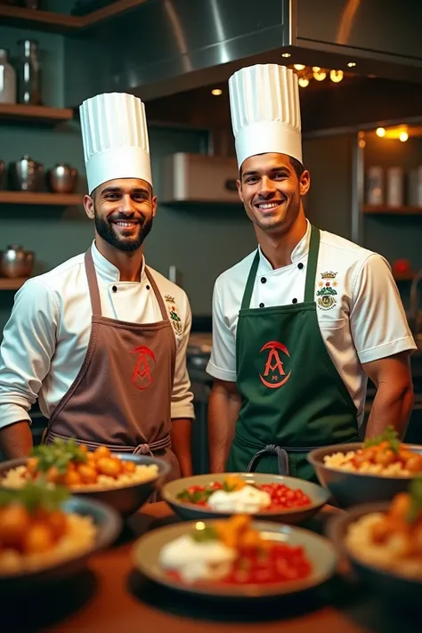 Give me a picture of Riyad Mahrez wearing kitchen clothes with Cristiano Ronaldo wearing kitchen clothes and chef hat and the two of them cooking Algerian dishes inside the kitchen