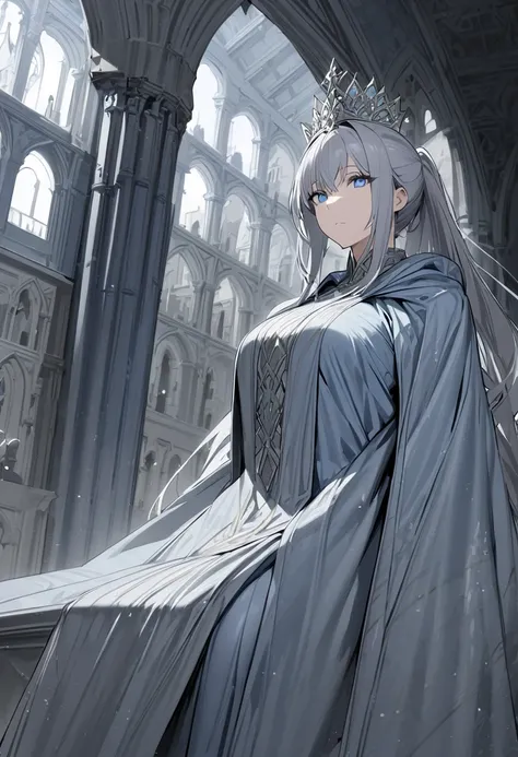 (highres, masterpiece), gray hair, blue eyes, large breasts, (robe, silver robe, blue robe), cape, pelvic curtain, castle ceiling in background, tiara, thighhighs, expressionless, ponytail, long hair