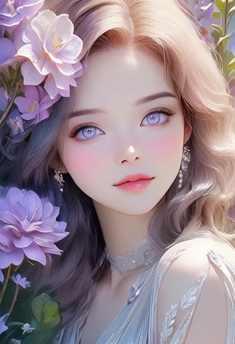 Anime style，illustrator, (Transparent watercolor), Woman and flowers photography，Portrait of a woman light smile, detailed face, beautiful eyes, detailed lips, pale skin, abstract，Background solid color，Light purple gradient，Low saturation，Characters are t...