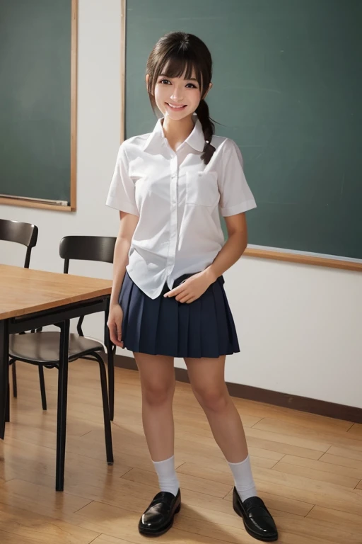 1japanese girl, white short sleeve collared shirt, white folded socks, skirt, black loafers, lower ponytail, bangs, standing, in classroom, smile, BREAK, (full body shot:1.48), BREAK, (masterpiece, best  quality:1.4), (8k, raw photo, photorealistic:1.2), u...