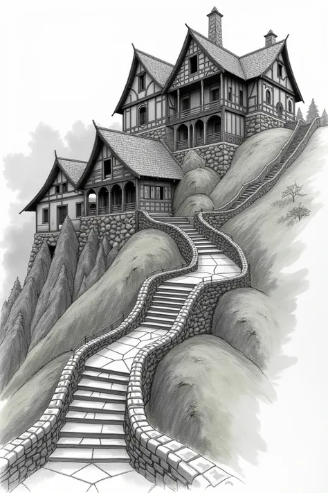 Draw three tiers on hills. 
The first and lowest with 12 cottages and slanting roofs. 
The second level with larger cottages but only 6 of them. 
And the top level of the tier being a large mansion made with glass, wood and stone. 
Draw stone stairs with m...