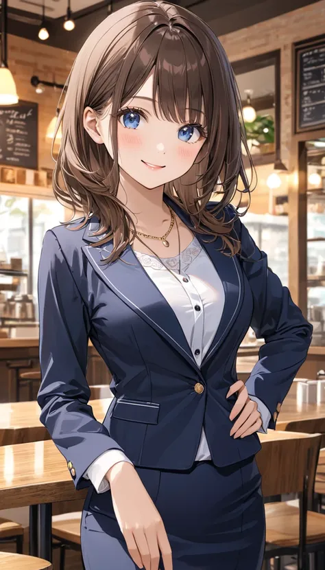 masterpiece, Best Quality, medium breasts,  Beautiful Details, Fine texture, Fine skin, Very cute girl, Alone, Happy smile, blush, Deep Blue Eyes , Brown Hair,  shortcuts, Right-parted bangs,  Long Sleeve , blouse , business suit,buttoned jacket, pencil sk...