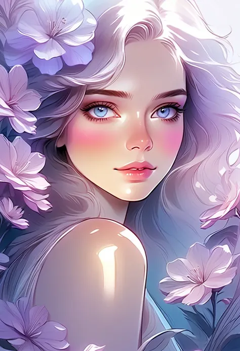 Anime style，illustrator, (Transparent watercolor), Woman and flowers photography，Portrait of a woman light smile, detailed face, beautiful eyes, detailed lips, pale skin, abstract，Background solid color，Light purple gradient，Low saturation，Characters are t...