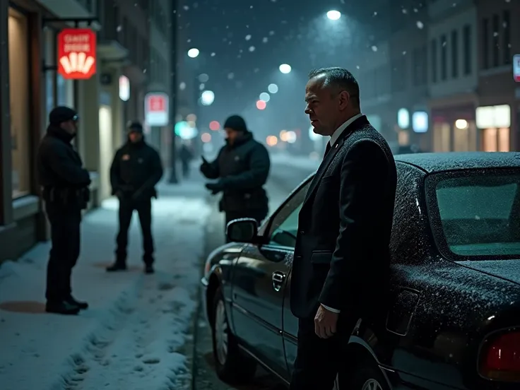 A realistic scene of a 40 year old white man wearing a formal suit, standing next to his black Toyota Camry car, talking to 2 police officers. He is parked on a deserted city street, late at night in winter. Snow is falling gently, creating a serene and ca...