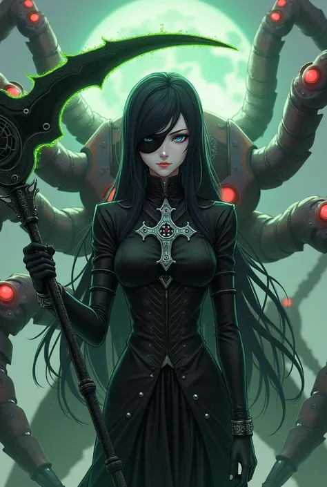 A goddess with the following description: long black hair, blue eyes, wearing a black patch covering her eye, elegant gothic black clothing with an inverted silver cross on her chest, holding a scythe made of black obsidian and green fire. Fighting against...