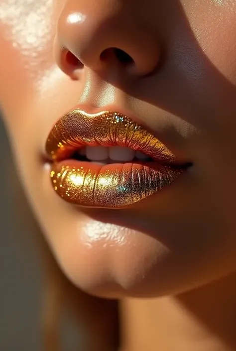 thick, well-designed lips with a beautiful shiny golden lipstick with glitter like gold, lots of shine and glamour, ultra realistic image, ultra realistic tanned skin details, human, 8k