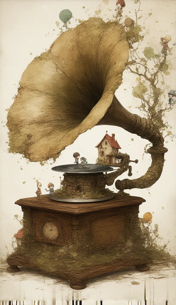 a mixture of realistic environment and cartoony creatures. a realistic gramophone, with tiny cartoon people living on it like a house. the mood is fantasy and cute, as found in ren's book.