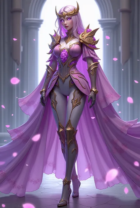 A Rosalina soldier standing confidently, wearing an elegant yet functional battle outfit. Her armor is a combination of delicate, enchanted rose petals and sleek, metallic armor. The armor is a beautiful mix of purple, rose pink, and gold, with intricate f...