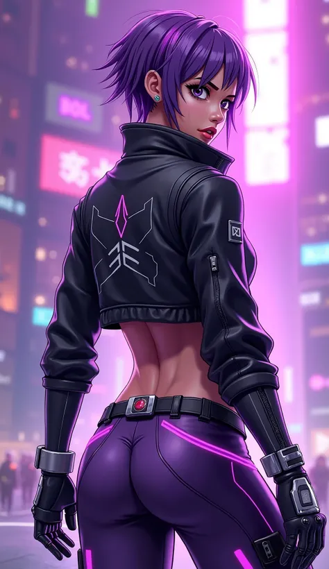  anime style , SYD de Fortnite,  seen from the back ,  but looking back with a confident and determined expression .  Her slender and athletic figure is highlighted ,  with a slender back and no volume in the butt .  Her metallic purple hair is short and f...