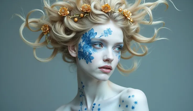  spectacular delicate white porcelain girl body painting in the style of Gzhel painting with a wreath of flowers (gold )  on a voluminous complex hairstyle ,  blue floral patterns in the style of Gzhel on the face and body , porcelain skin, avant-garde,  d...