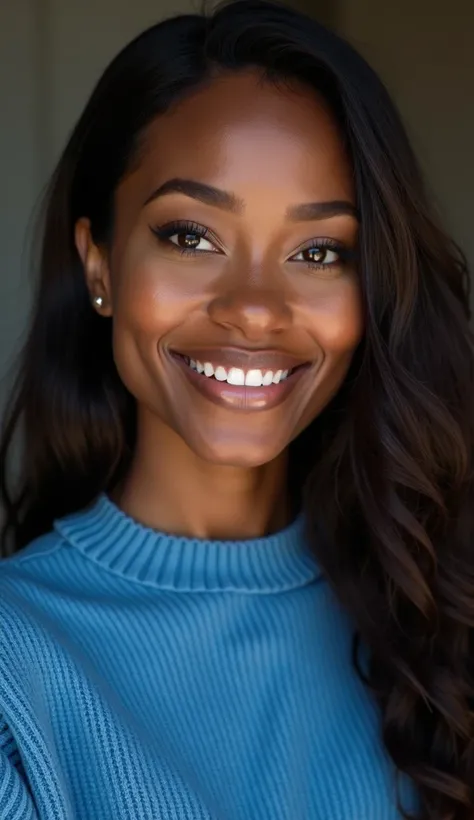  creates a beautiful black woman, wears a blue sweater, very detailed, 38 years old, innocent face, long straight natural brown hair, light brown eyes, high resolution, masterpiece, best quality, intricate details, highly detailed, sharp focus, detailed sk...