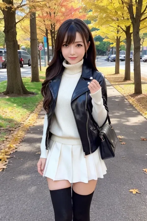 Japanese idol beautiful girl、leather fashion、 knee-high socks 、 autumn park、