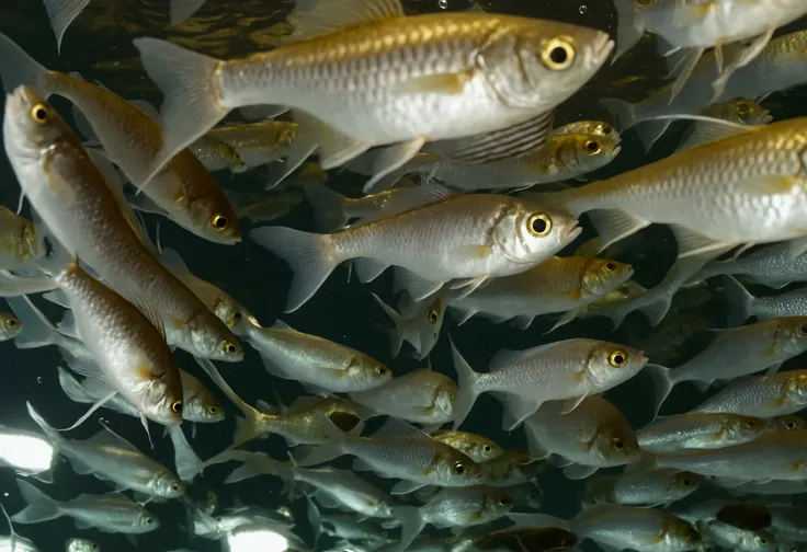 there are many fish that are swimming in the water, swirling schools of silver fish, schools of fish, school of fishes, school of fish, fish flying over head, fishes floating in bedroom, by Jon Coffelt, gills and scales, fishes, small fish swimming around,...