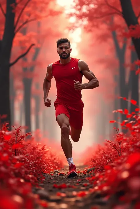 A man running in a red forest 