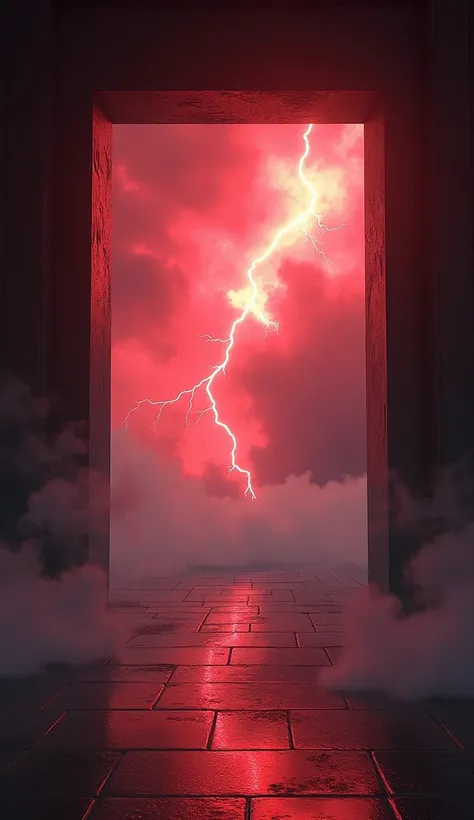 Thunder inside the square window of a temple without people and with red clouds