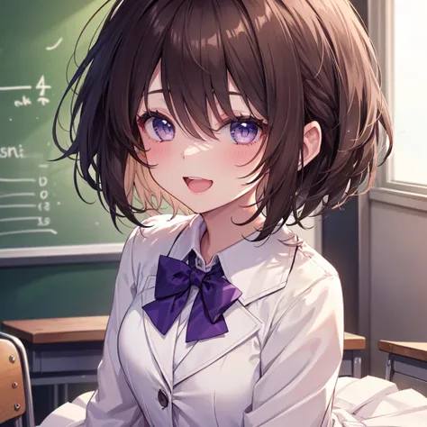 ( best quality、8k、masterpiece))、(( 1 girl))、((cute))、 big smile、 blushes her cheeks、 opening mouth、 brown hair on the abdomen、 short bob hair、 Super Detailed Face 、Ultra-detailed eyes、Ultra detailed hair、 collared shirt、Purple bow tie、White Skirt、White bla...