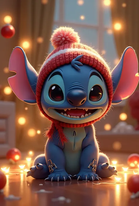 Stitch animated baby with hat and Christmas lights with a text by "Merry Christmas  " 