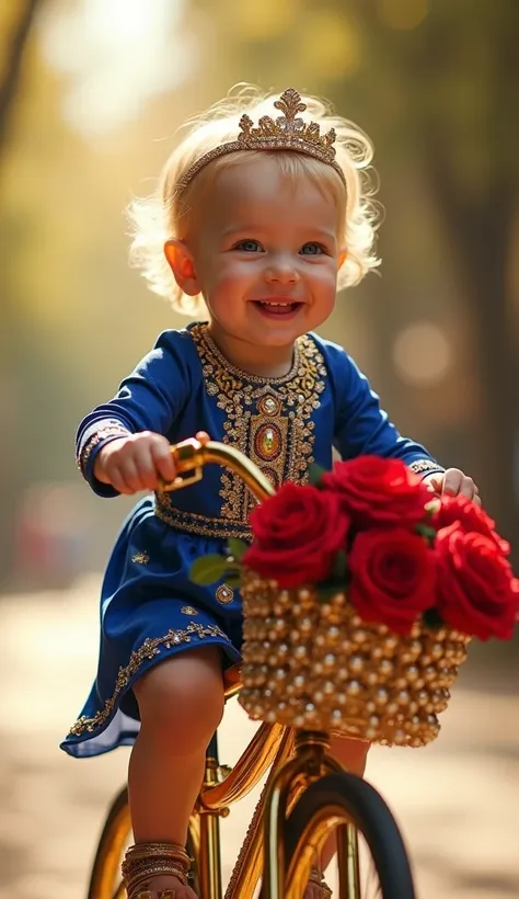 "A smiling very cute baby girl riding an opulent little bicycle, fully encrusted with shimmering pearls and radiant precious stones. The bicycle features gold-plated details, with a front basket overflowing with vibrant Red roses exquisitely arranged flowe...