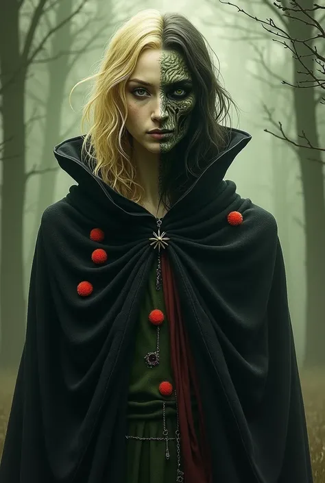  a wizard who predicts the future with blond hair,  red and with green spots . with two faces  (  one of good and the other of bad ), in black clothes