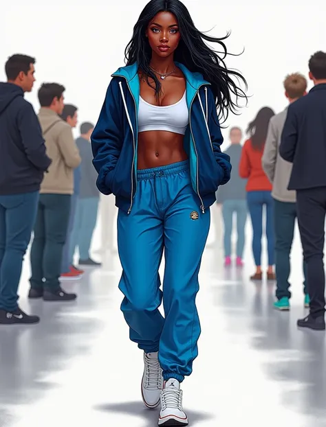  Realistic drawing of a shiny dark-skinned black woman,  Long black hair with blue locks , blue eyes, Jacket hoodie , relaxed posture, breasts, sexy,  blue vibe pants ,  white sneakers by Jordan . Body must be complete in the image .  Several people lookin...