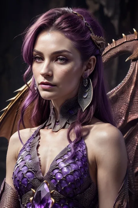 ((dark purple scaled dragon, dragon feet, dragon tail, ((sharp-scaled face, turning into a dragon)))), kiper, lupine, tribe of ephraim, irish genes, dark hazel eyes, dragon nose, high forehead, beady hazel eyes, lioness, ginger, feminine energy, (skinny fe...