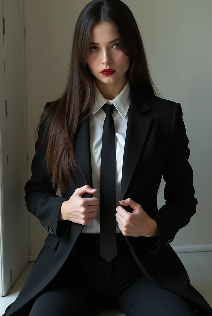 girl with long straight dark hair, in a black jacket, with a tie and a white shirt,  in black classic pants , sharp look,  on lips crimson lipstick , nude makeup , sits in a serious position and holds on to different sides of the jacket with both hands. Sl...