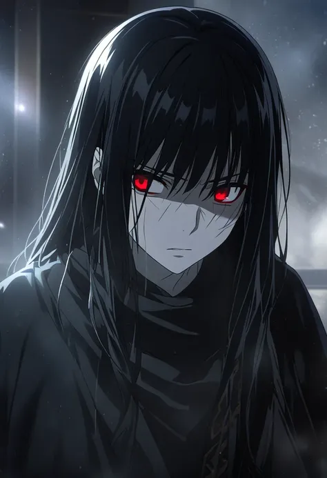 1boy, black hair, long hair, red eyes, cold glare, cold look, apathetic face, black clothes, greek clothes, CG, screenshot