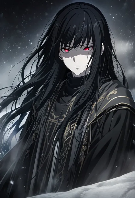 1boy, black hair, long hair, red eyes, cold glare, cold look, apathetic face, black clothes, greek clothes, CG, screenshot