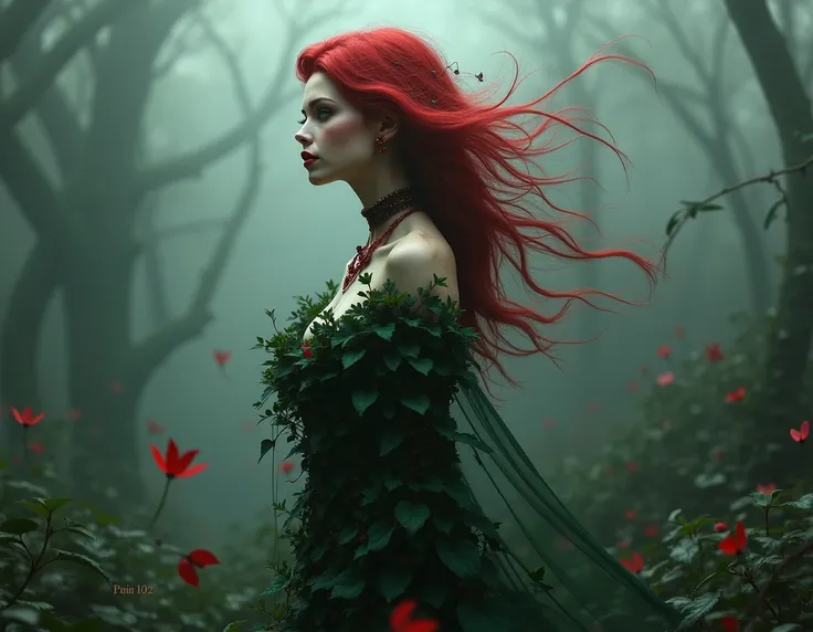 Black and white photo of a woman with red-red hair, intricate pose, digital art, cgsociety contest winner, gothic art, stunning 3d rendering of fairy, beautiful girl, doll face, dark green poison ivy from Batman covers her entire body, against thick fog, r...