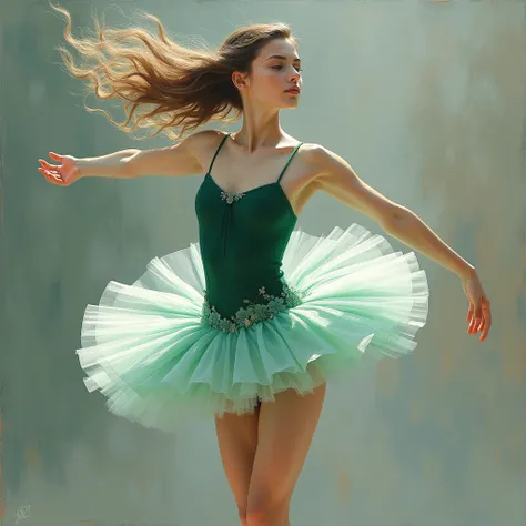 Create a hyperrealist painting of a young womans body, entirely visible in a setting, dressed in a short tutu composed of a clear and transparent white tulle veil and a body in emerald green lycra with thin straps. The painting must represent the forms of ...