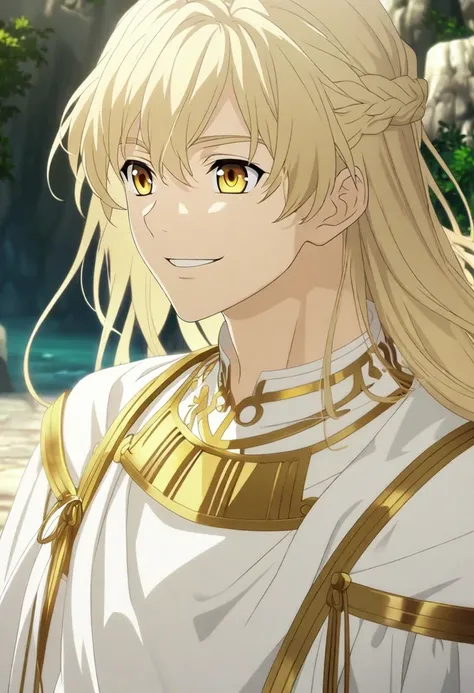 1boy, male, blonde hair, long hair, golden eyes, smile, white clothes, greek clothes, CG, screenshot