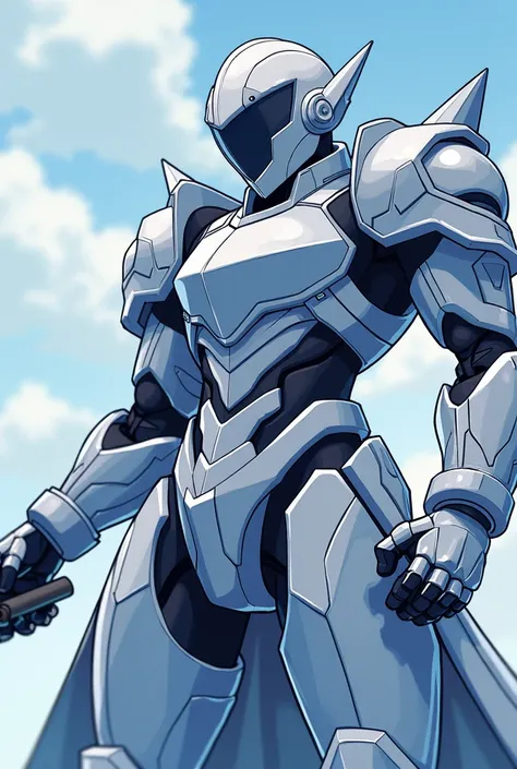   a close up of a cartoon character with a sword in his hand,  concept art inspired by Hiromu Arakawa ,  trend on Pixiv , , this character has cryokinesis, humanoid form,  armor reflected in the color of silver ice ,  covered with full silver armor , aerod...