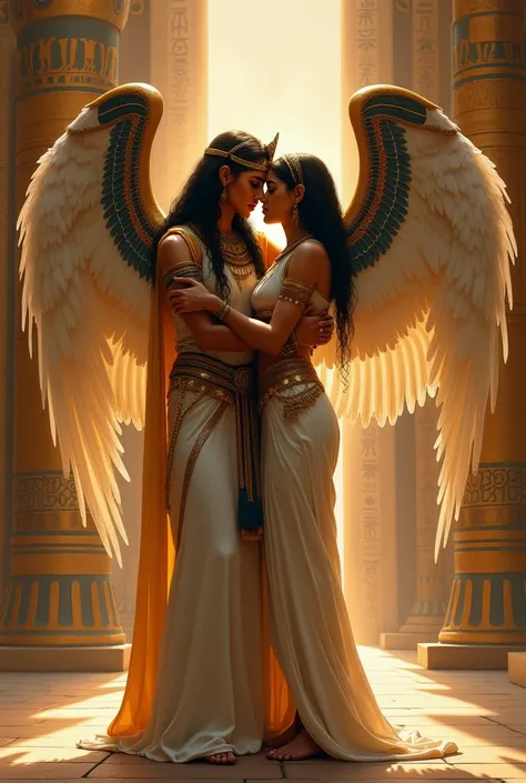 Winged goddess Egypt who hugs an Egyptian priestess.