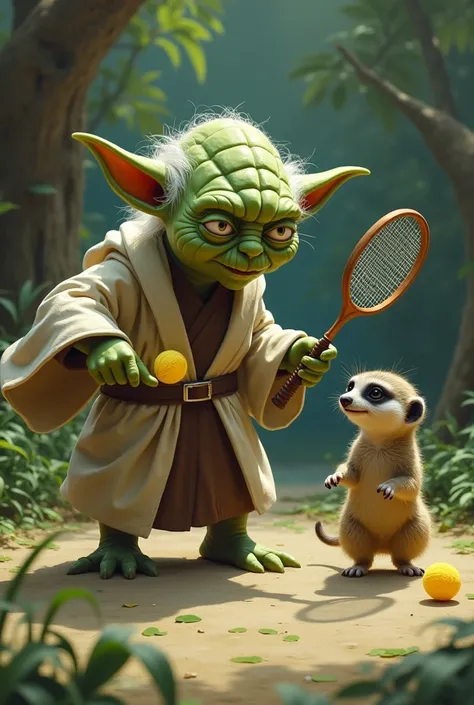 Yoda qui gagne en faisant du badminton contre un surricate