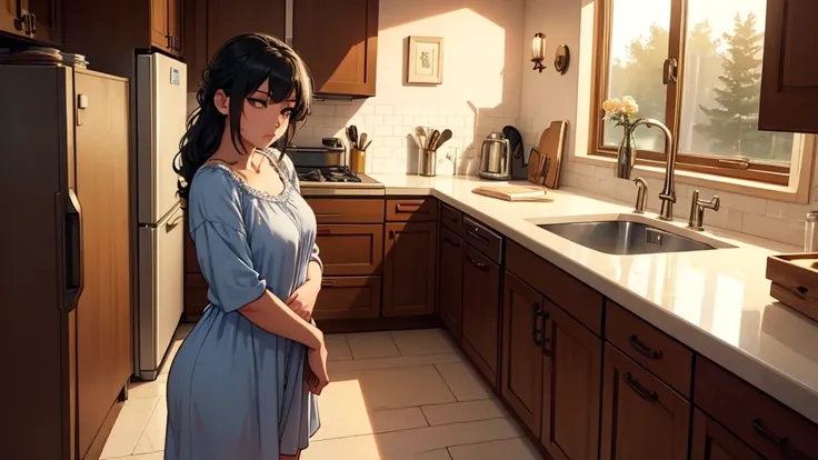 "A young woman with a calm and thoughtful expression, wearing a comfortable mini dress nightgown, relaxing casually in a cozy, modern kitchen at night. The atmosphere is soft and warm, with gentle lighting coming from under-cabinet lights and a faint glow ...