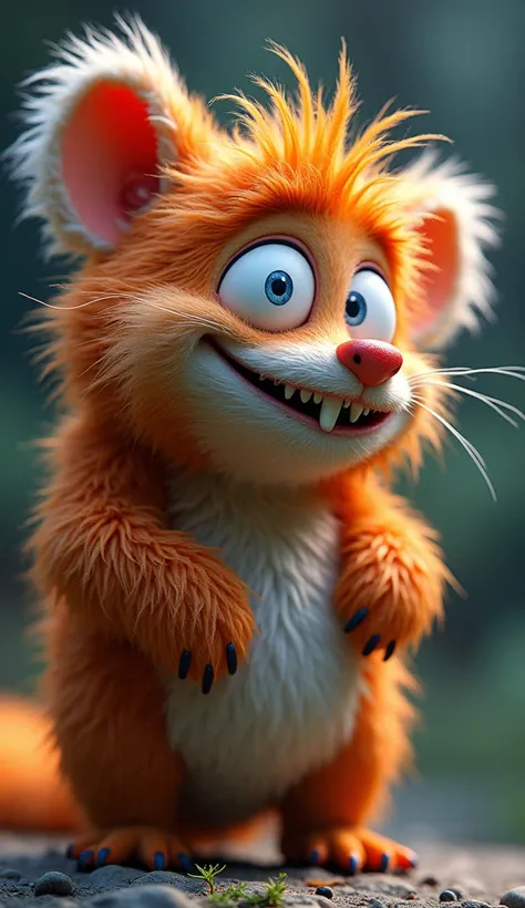 A very funny creature, a shaggy creature with big eyes, only half of the plan can be seen
 smiles, he has only one tooth sticking out brightly colorfully beautiful