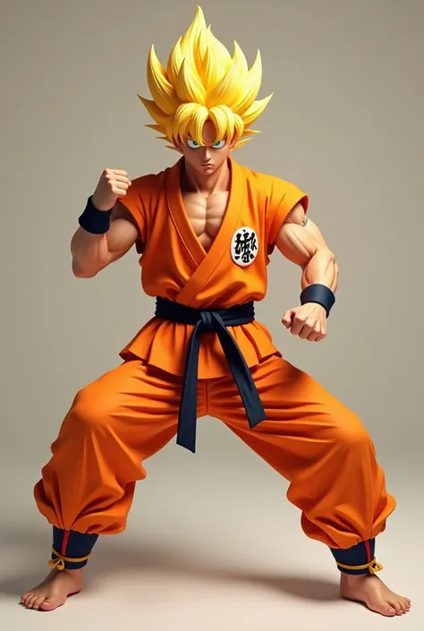 He is a male character wearing an orange karate suit with yellow hair that is completely pointed.