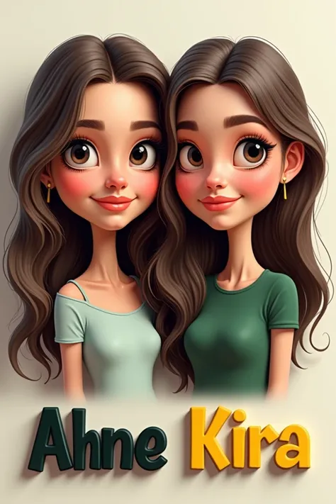 Create a caricature image of a two teenager woman with skin color similar to human. High qualijy realistic photo and there is a name AhNe and Kira  writuen beneath the floor in 3D letter style, embossed and realistic, in black yellow, induim white and gree...