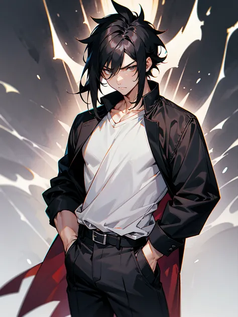 1male, black hair, adult, spiky hair, medium length hair, layered hair, black and white yukata, tavern, serious, apathetic, muscular build, hands in pocket, 