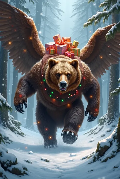  A muscular brown bear with eagle wings ,  covered in flashing Christmas lights , hiking through a frozen forest ,  with a fierce expression while carrying a bag of huge presents.”