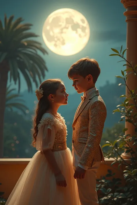 One boy and one girl wearing very luxurious clothes and the moon shines 