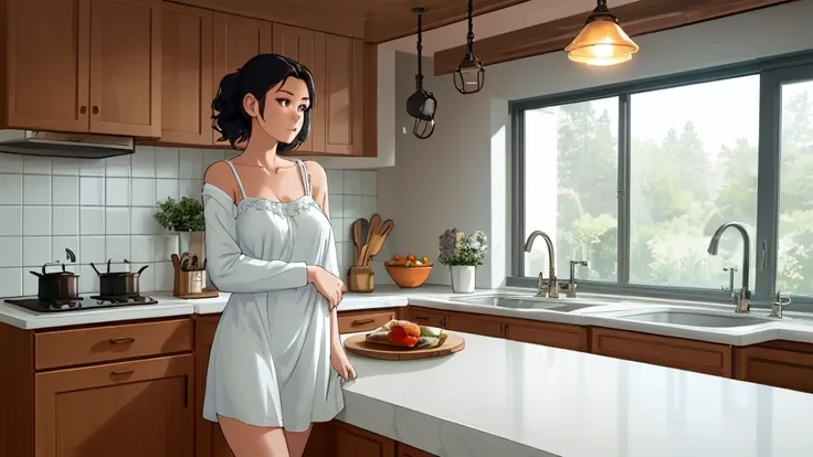 "A young woman with a calm and thoughtful expression, wearing a comfortable mini dress nightgown, relaxing casually in a cozy, modern kitchen at night. The atmosphere is soft and warm, with gentle lighting coming from under-cabinet lights and a faint glow ...