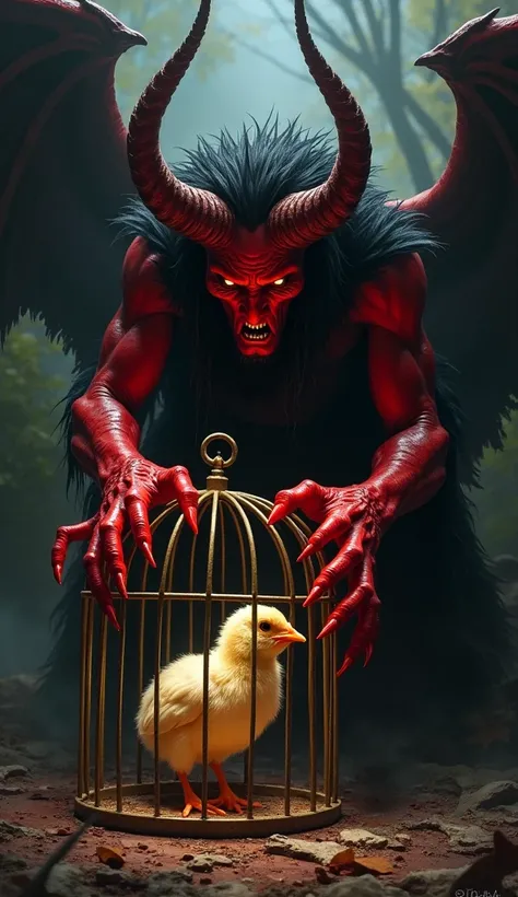 satan with red skin and big horns catches a chick in the cage