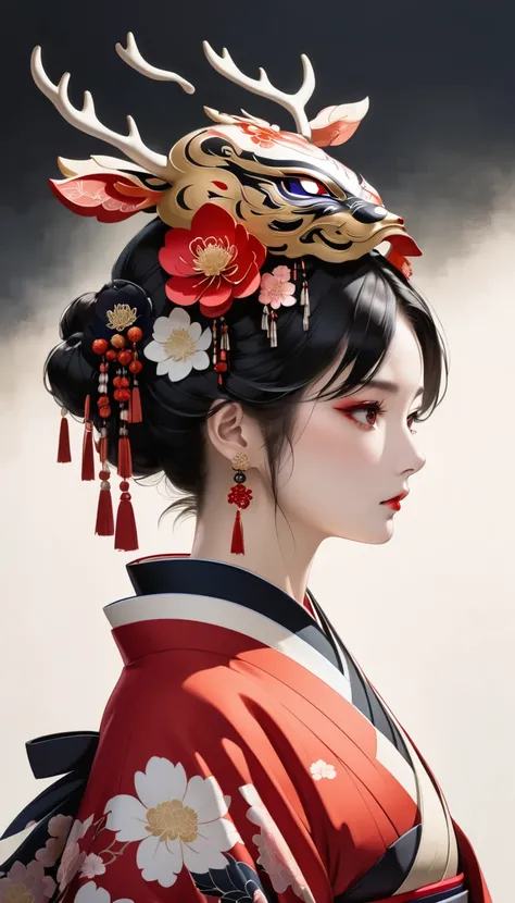 en InFT , 1 girl, Alone,  black hair, jewelry, earrings, , red eyes, Japanese clothing, letterboxed, kimono, profile,   on head ,  floral print , antlers, borla,  hair ornament, mask hannya , looking straight ahead,  , 